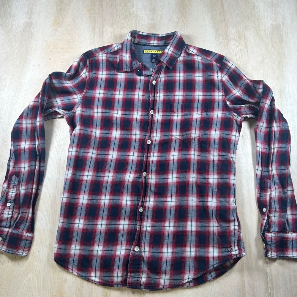 Prince & Fox Mens Small Red Navy Blue Plaid Cotton Long Sleeve Button Down Shirt